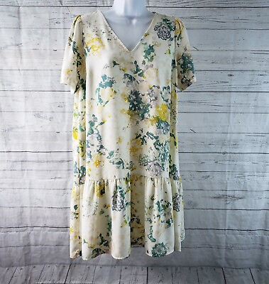 #ad A New Day Womens Dress Sz Small Yellow Green Floral V Neck Drop Waist $17.99