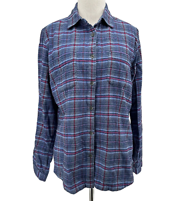 #ad Woolrich Women#x27;s Blue Plaid Long Sleeve Flannel Shirt Size Medium $25.00