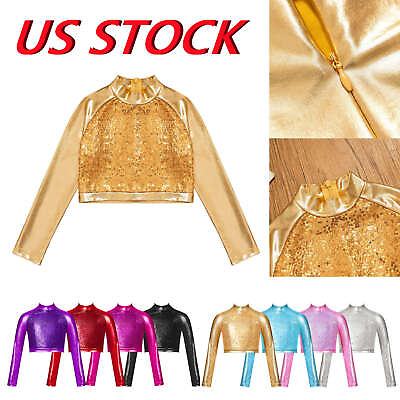 #ad US Girl Shiny Sequins Dance Crop Top for Kids Jazz Modern Dance Shirts Dancewear $6.22