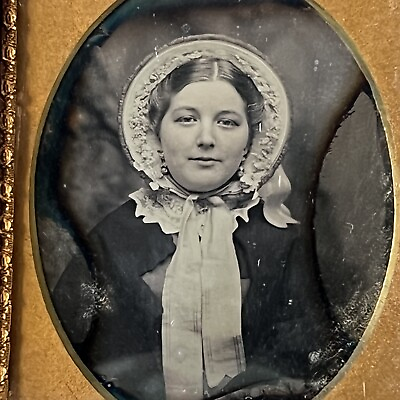 #ad Antique Cased Daguerreotype Beautiful Young Woman Bonnet Kind Eyes Plus Size $324.95