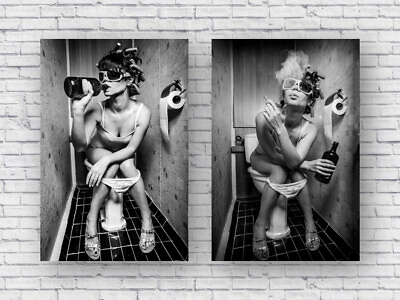 #ad Bathroom Drink Smoke Poster Print Set Funny Bathroom Art Toilet Humor Beer Girl $139.98