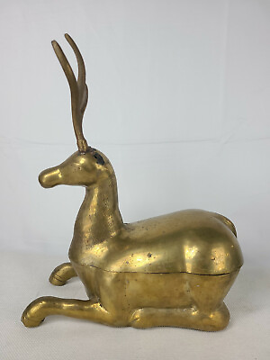 #ad Vintage Brass Reindeer Elk Deer Buck Container Dish MISSING ONE ANTLER $35.96