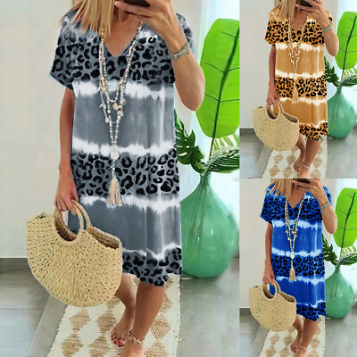 #ad Boho Women Ladies Holiday Beach Midi Dress Summer Printed Casual Loose Sundress $15.91