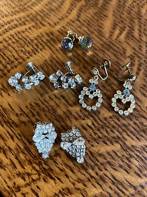 #ad Lot of 4 Vintage Earrings 3 Rhinestone 1 Crystal 2 Clip on and 2 Screw back pair $21.95