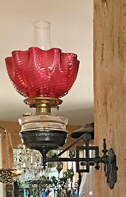 #ad Bradley amp; Hubbard Bamp;H Cast Iron Bracket Oil Lamp w Cranberry Swirl Glass Shade $550.00