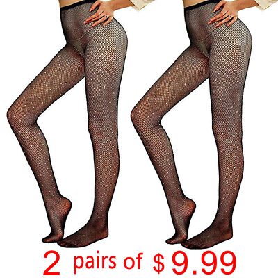 #ad Romantic 2 Pairs Women Elastic Stockings Rhinestone Fishnet Fashion Pantyhose $9.99