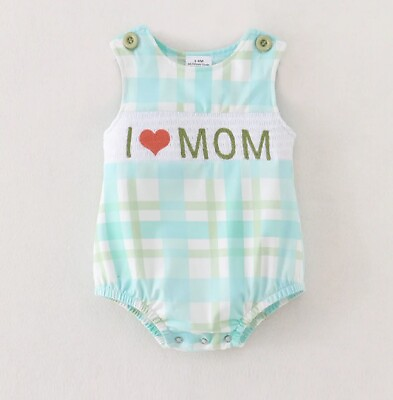 #ad NEW Boutique Smocked #x27;I Love Mom#x27; Baby Boys Romper Jumpsuit Mother#x27;s Day $16.99