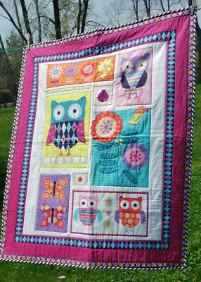 #ad Colorful Baby Crib Nursery Owls Flowers Bugs Wall Hang Quilt Blanket 43quot; X 34quot; $23.00