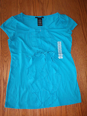 #ad New Womens Gracs Elements Shirt ShortSleeve Ruffle Top Teal Lagoon Blue Small S $13.56