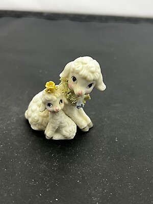 #ad Vintage Sheep Lamb Mom with Baby Flowers Figurine 2quot; Tall $6.99