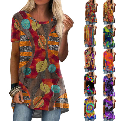 #ad Womens Boho Floral Short Sleeve T Shirt Ladies Casual Loose Tunic Tops Blouse US $18.89