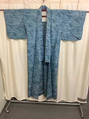 #ad Japanese Vintage Kimono pure silk dirt dark blue Blur design Height 60.23 inch $48.00