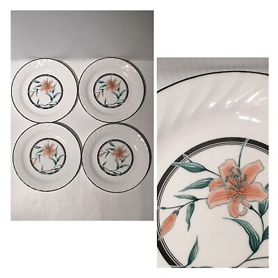#ad Corelle TIGER LILY Salad Luncheon Plates Swirl Black Rim Flowers 7.25quot; SET OF 4 $17.49