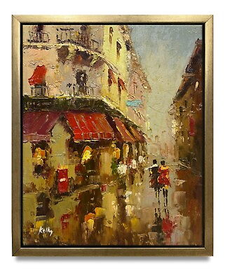 #ad NY Art Original Oil Painting of Raining Day Street View on Canvas 8x10 Framed $136.00