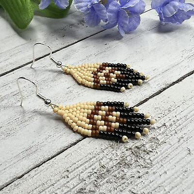 #ad Mini Seed Beaded Earrings 2 inches Long Handmade Jewelry Neutral Color Earrings $12.00