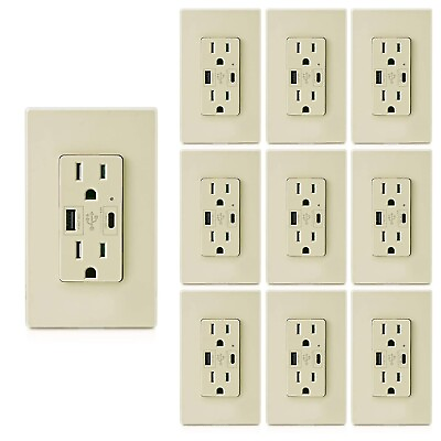 #ad 4.8A USB C Outlet 24W UL Dual High Speed Decora Receptacle 15 Amp125 V 10Pack $92.99
