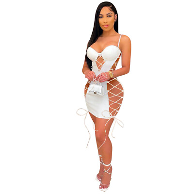 #ad Sexy New Women Bandage Sleeveless Lowcut Patchwork Bodycon Club Short Dress $21.43