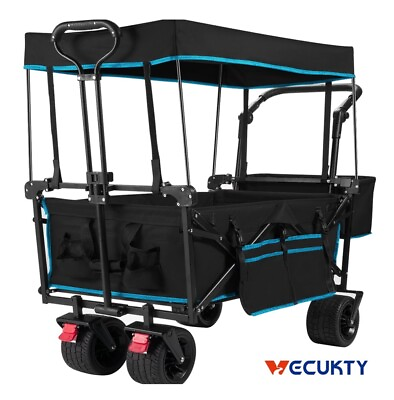 #ad Vecukty Collapsible Garden Wagon: Removable Canopy Fat Wheels Black $124.99