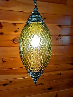 #ad Vtg Antique 1960#x27;s 70#x27;s Retro MCM Designer Green Glass Hanging Swag Light Lamp $356.25