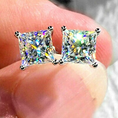 #ad 2 Ct Princess Cut Lab Created Diamond Women Stud Earrings 14k White Gold Finish $12.00
