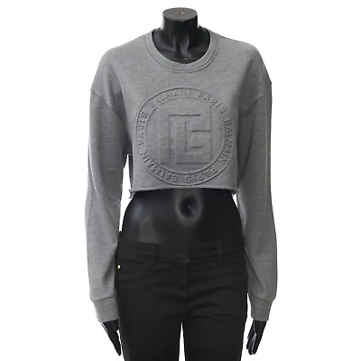 #ad BALMAIN 950$ Cropped Heather Gray Sweatshirt Embossed Logo $281.25