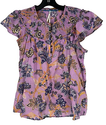 #ad Anthropologie Smocked Ruffle Blouse Purple Floral Buttons Boho Size Medium $24.99