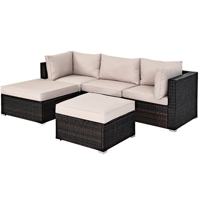 #ad 5PCS Patio Rattan Furniture Set Sectional Conversation Set Ottoman Table Beige $519.99