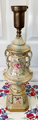 #ad Antique 40s VICTORIAN Hand Painted Gilt Porcelain Urn Floral Table PARLOR LAMP $50.00
