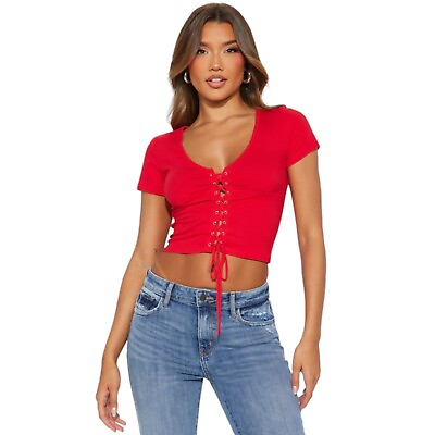 #ad Lilly Lace Up Short Sleeve Top Shirt Red Women#x27;s Size Large $14.94