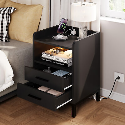 #ad #ad Modern Nightstand End Side Table 2 Drawer Bedside Table with Charging Station $65.99