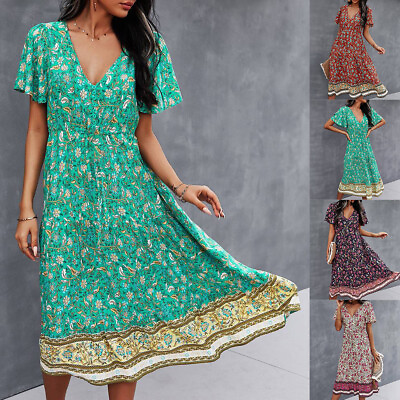#ad Womens Ladies Boho Floral Summer Holiday Dress Puff Short Sleeve Midi Sundresses $17.09