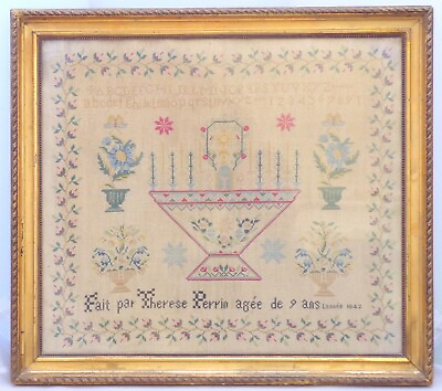#ad OMG Antique 19TH French Folk Art Sewing Stitchery Embroidery Alphabet 1842 RARE $450.00