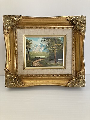 #ad Vintage Original Oil Painting Canvas Gold Gilt Landscape Small Tiny Miniature $94.99