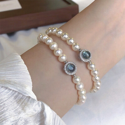 #ad Elegant Retro Imitation Pearl Rhinestone Bracelet Blue Crystal Pearl Bracelet Pe $1.97