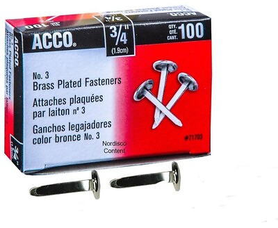#ad ACCO Brass Paper Fasteners 3 4quot; Plated 1 Box 100 Fasteners Box 71703 $6.98