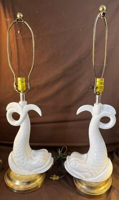 #ad Pair of Two 2 Vintage Old Table Lamps Lights Blanc de Chine Dolphin Fish Brass $281.25