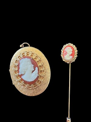 #ad Set Of 2: Vintage Victorian Silhouette Portrait Large Locket And Stick Pin M60 $24.99