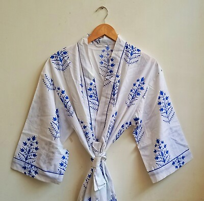 #ad Indian Blue Floral Kimono Robes Indian Handmade Long Bridal Kimono Bath Robes $23.04