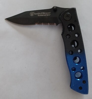 #ad Smith amp; Wesson Folding Pocket Knife Extreme Ops Black and Blue Handle CK111S $19.99