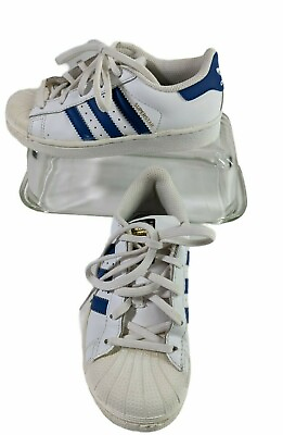 #ad Adidas Kids White Sneakers Size 12 US Leather Superstar Blue Stripes Gym Walk $29.99