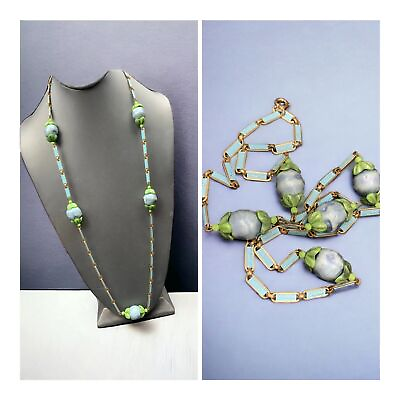 #ad Vintage Necklace Antique blue enameled link capped Berry ￼Necklace 30” $49.50