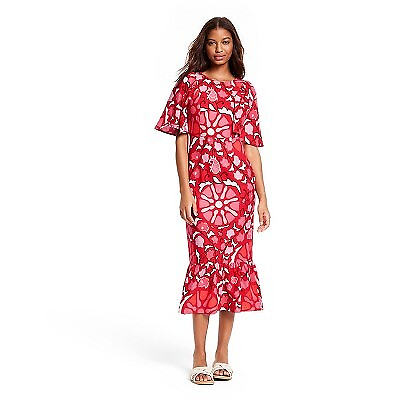 #ad #ad Women#x27;s Large Zinnia Floral Print Bell Sleeve Midi Dress RHODE Red Pink $11.99