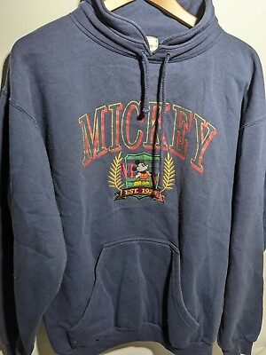 #ad Vintage Mickey Mouse Embroidered Sweatshirt Men#x27;s Large Navy Blue Made in USA $38.00