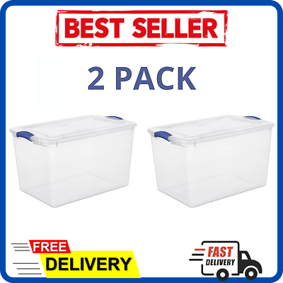 #ad 2 PACK Stackable Plastic Tote Box Storage Containers Bin 66 Qt Blue Latches $23.99