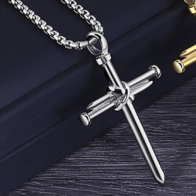 #ad Men Women Jesus Nail Rope Cross Pendant Necklace Stainless Steel Chain Silver $10.00
