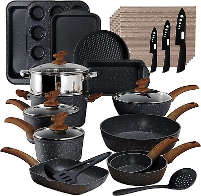 #ad 30 Piece Cookware Set Pots and Pans Set Kitchen Granite Non Stick Bakeware Set $159.99