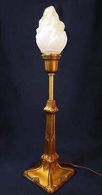 #ad 23quot; AMAZING ART NOUVEAU BRASS LAMP w FLAME SHADE TUDRIC VINES FANS amp; FLORAL BUDS $275.00