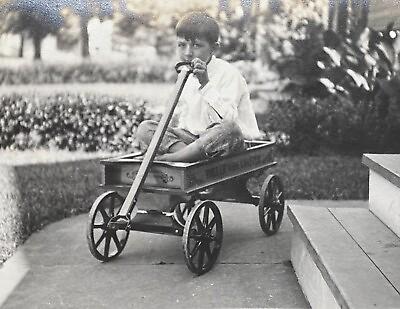 #ad Antique Pull Wagon Roller Coaster Name on Side amp; Cute Barefoot Boy Vintage Photo $14.95