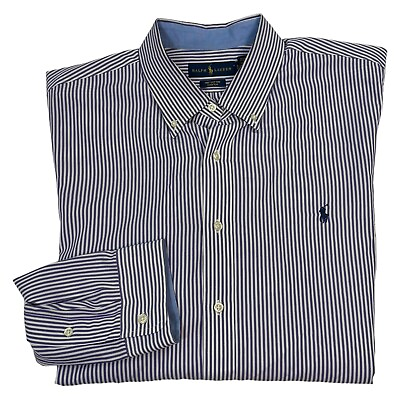 #ad Polo Ralph Lauren Men’s Size 2XL Cotton Stretch Oxford Blue White Stripe Shirt $28.00