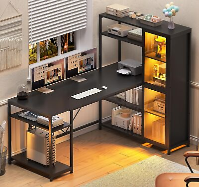 #ad L Shape Gaming Desk 59quot; Computer Desk with LED Light amp; Bookshelf Display Cabinet $189.99